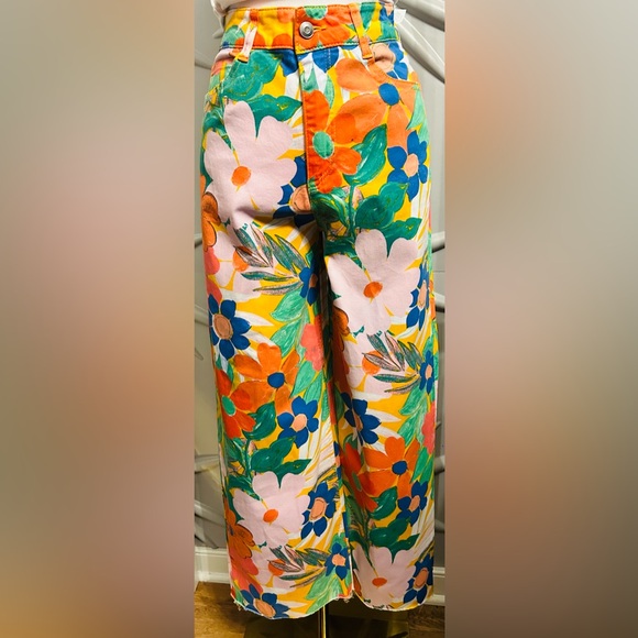 EUC GB SZ 3 orange/yellow multicolored floral 5-pocket denim pants/waist 26”-30” - Picture 3 of 6
